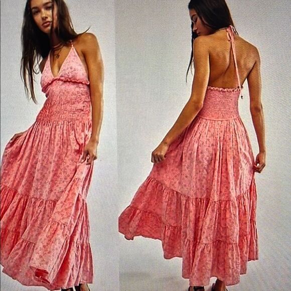 New! Free People Dress Pintuck Paradise Maxi Eyelet Halter in Pink Icing - Picture 1 of 13